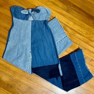 Jean Louise Strapless Denim Pantsuit | Size XS/S | Patchwork Jumpsuit- Tie Front